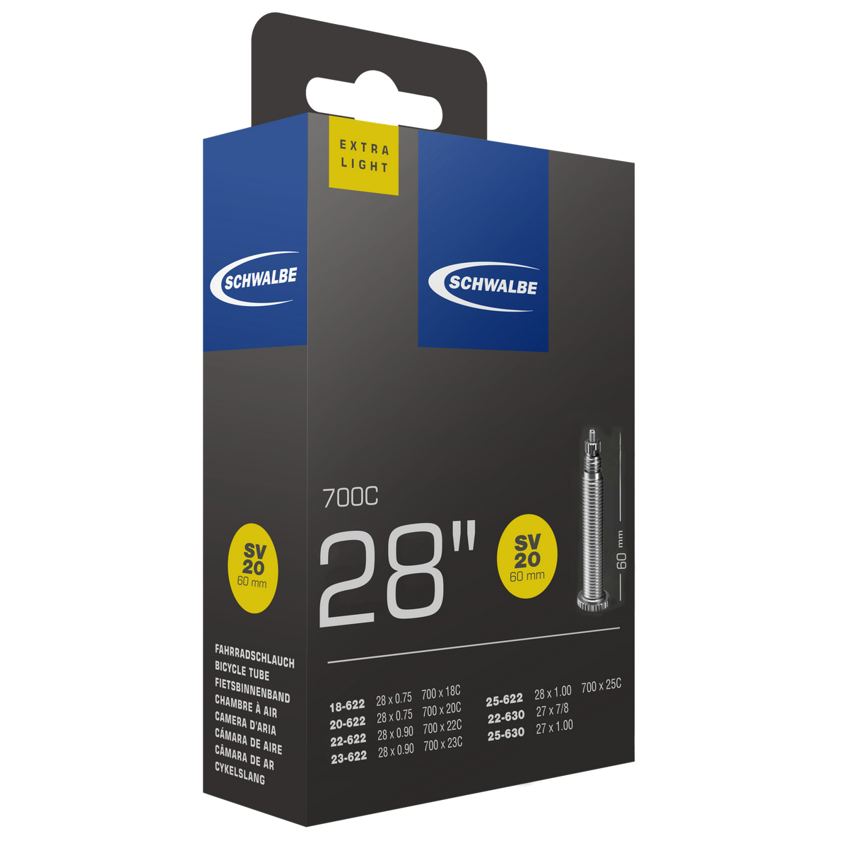 Schwalbe Presta Valve 60mm Extra Light Bicycle Inner Tube SV20 for 700 x 18 - 25 Tires, Weighing Only 65g