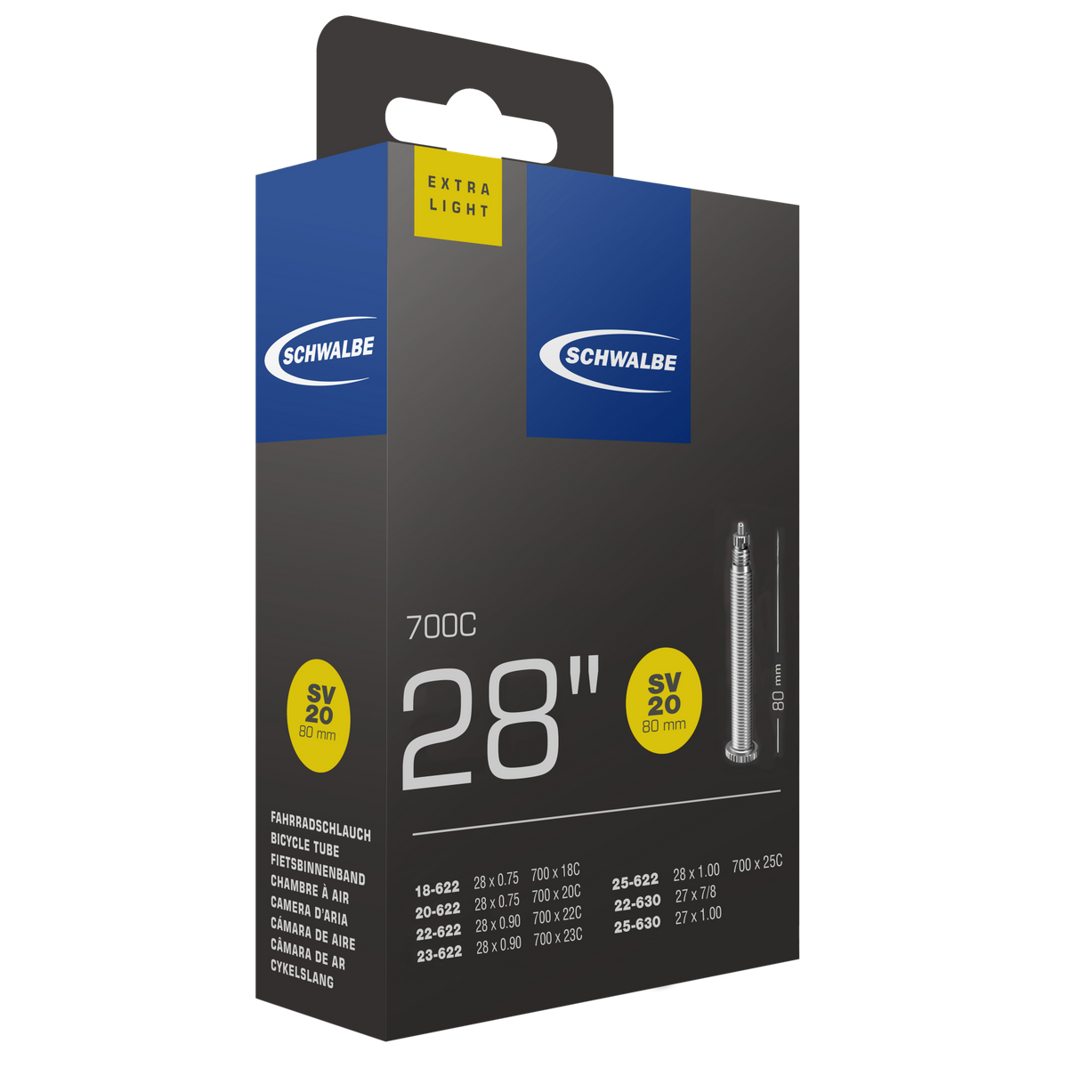 Schwalbe Presta Valve 60mm Extra Light Bicycle Inner Tube SV20 for 700 x 18 - 25 Tires, Weighing Only 65g