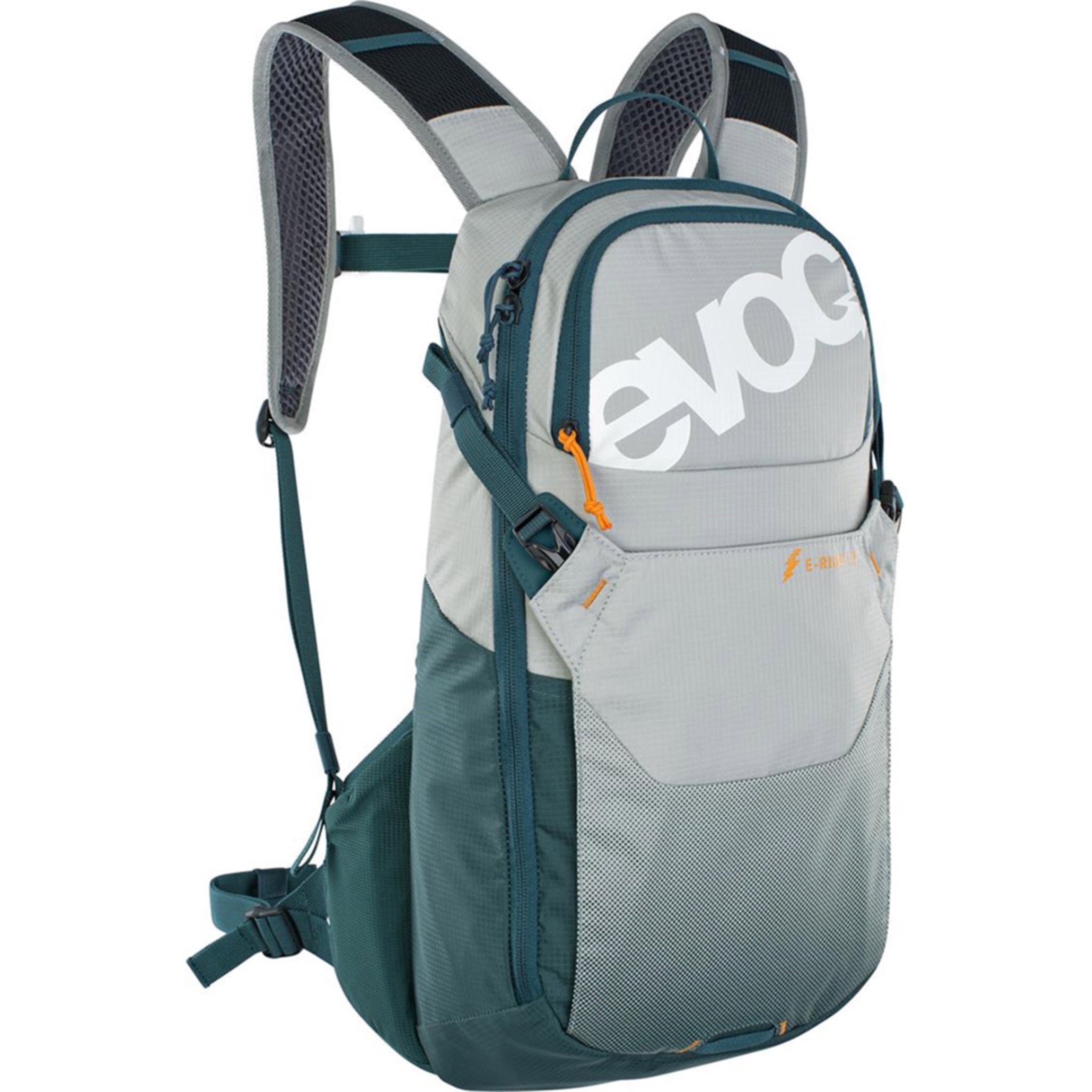 Evoc E-Ride 12L Electric Bicycle Backpack in Stone and Petrol Color Scheme