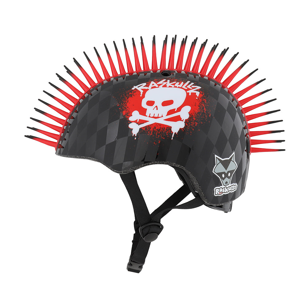 Raskullz Skull Hawk Children's Helmet in Matte and Gloss Black/Red Design with Bendable Rubber Red Mohawk