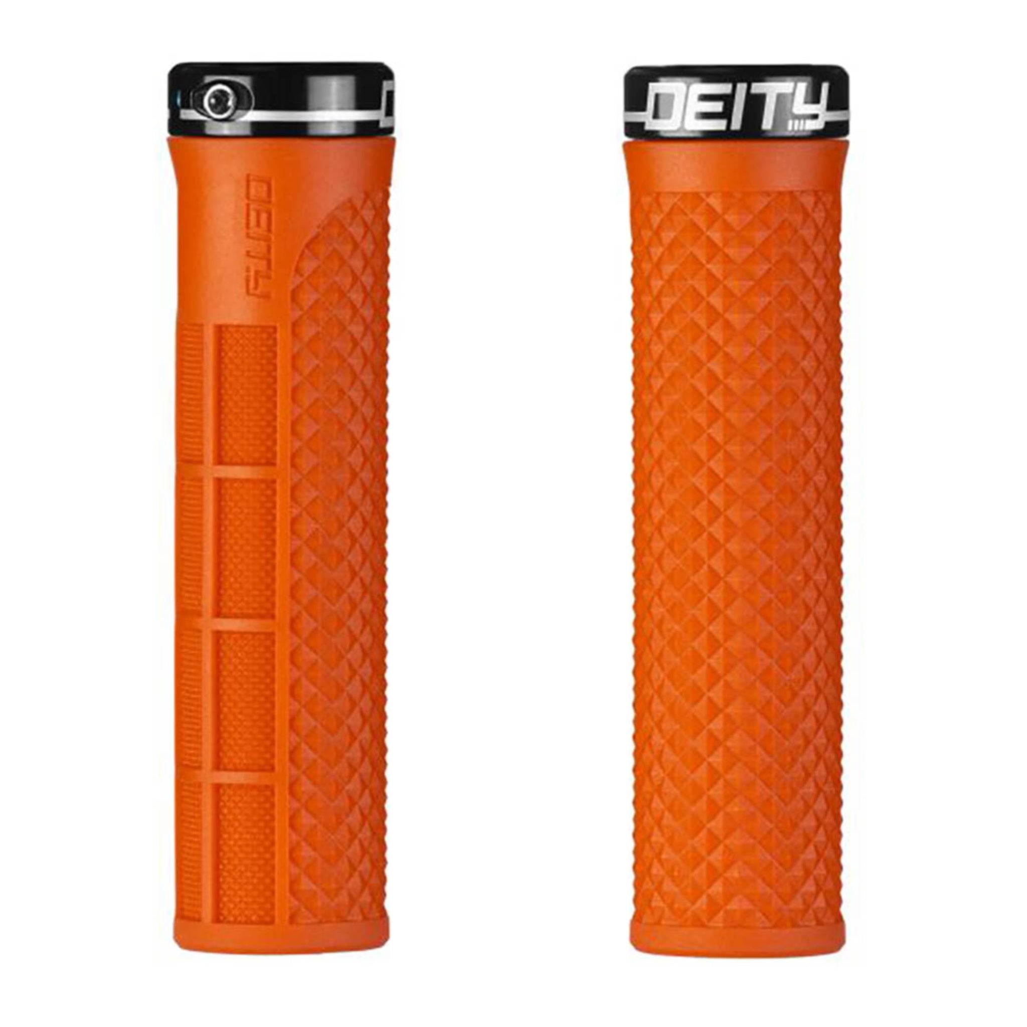 Deity Orange Lockjaw Grips Featuring a Black Clamp for Enhanced Performance