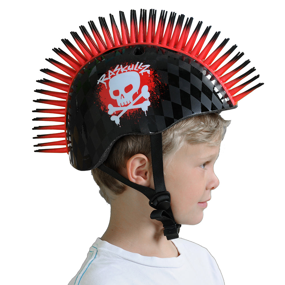 Raskullz Skull Hawk Children's Helmet in Matte and Gloss Black/Red Design with Bendable Rubber Red Mohawk
