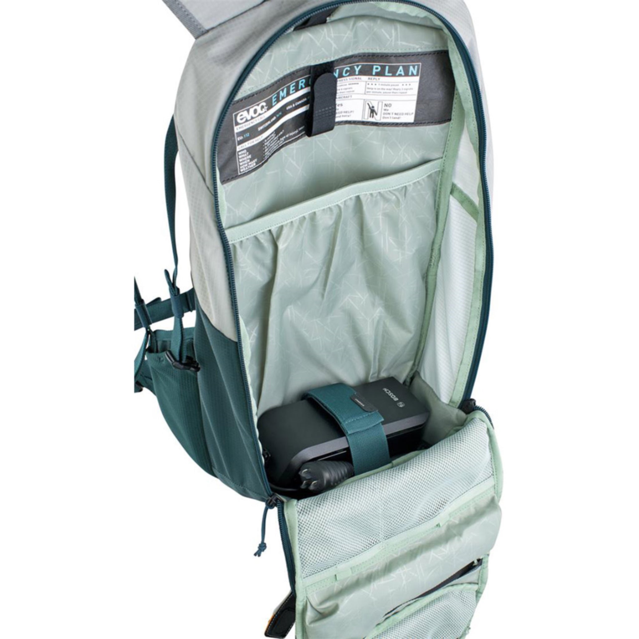 Evoc E-Ride 12L Electric Bicycle Backpack in Stone and Petrol Color Scheme