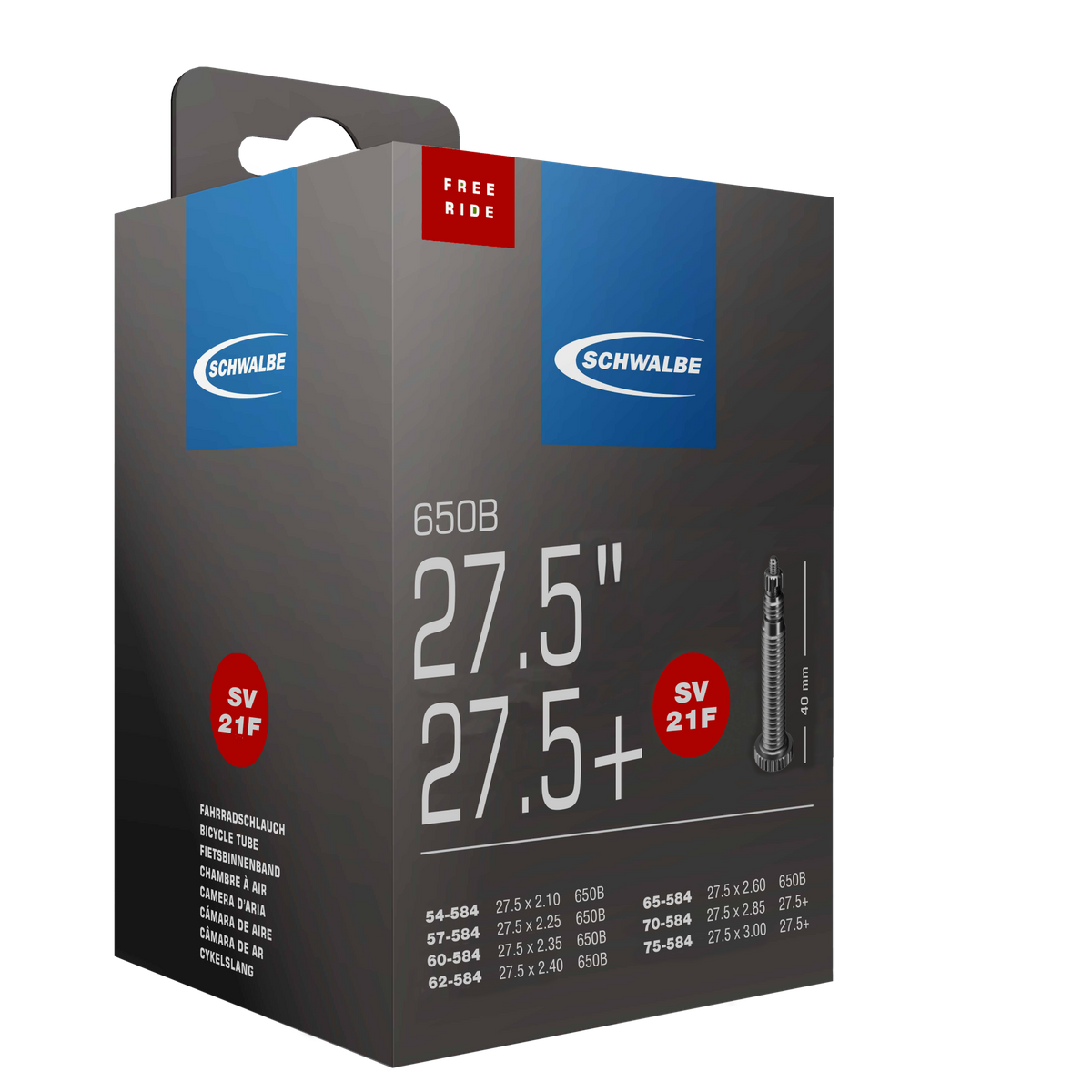 Schwalbe Freeride Bicycle Inner Tube SV21F - 27.5 x 2.1 - 3.0 Presta Valve, 40mm Length, 205g Weight