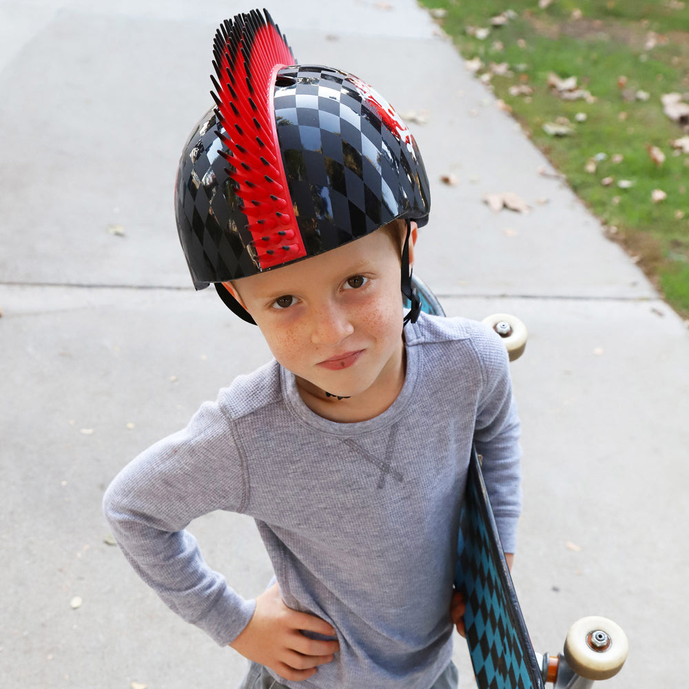 Raskullz Skull Hawk Children's Helmet in Matte and Gloss Black/Red Design with Bendable Rubber Red Mohawk