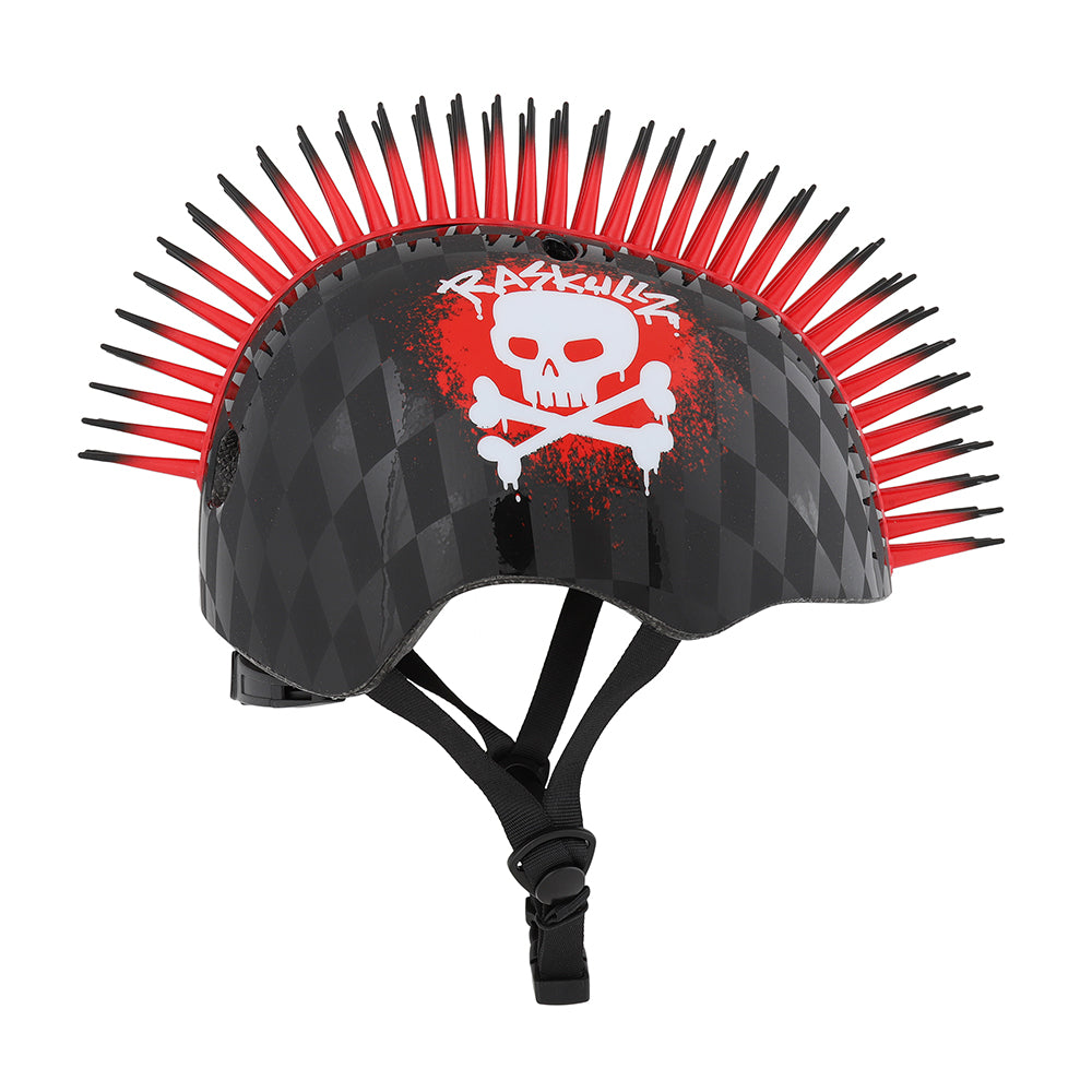 Raskullz Skull Hawk Children's Helmet in Matte and Gloss Black/Red Design with Bendable Rubber Red Mohawk