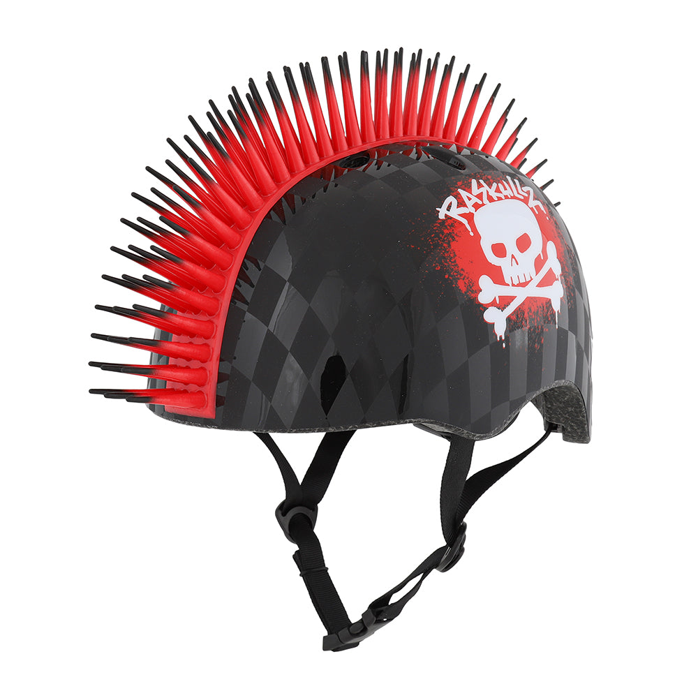 Raskullz Skull Hawk Children's Helmet in Matte and Gloss Black/Red Design with Bendable Rubber Red Mohawk