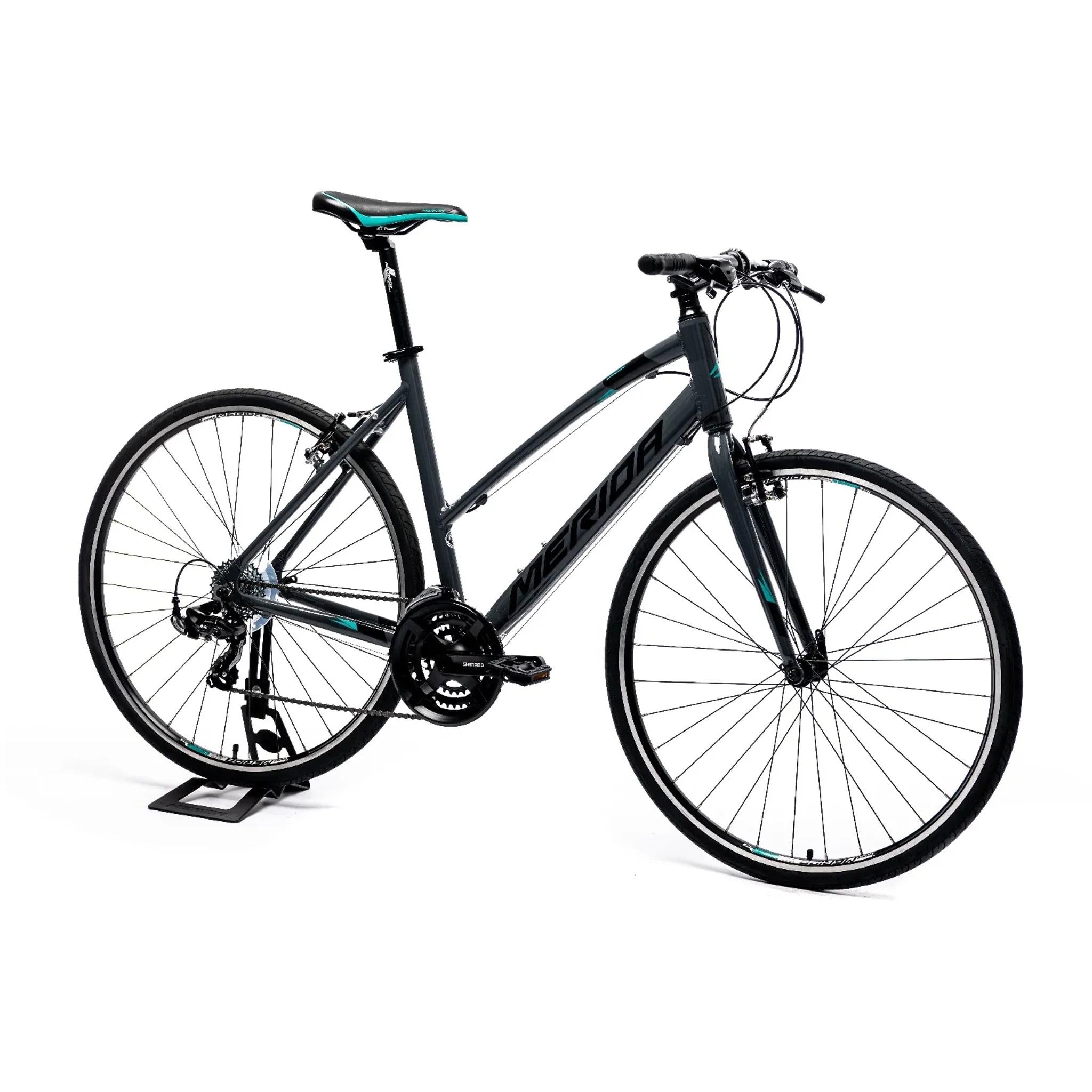 Merida Women's Flat Bar Road Bicycle - Speeder 10-V W in Glossy Grey, Black and Teal Colors