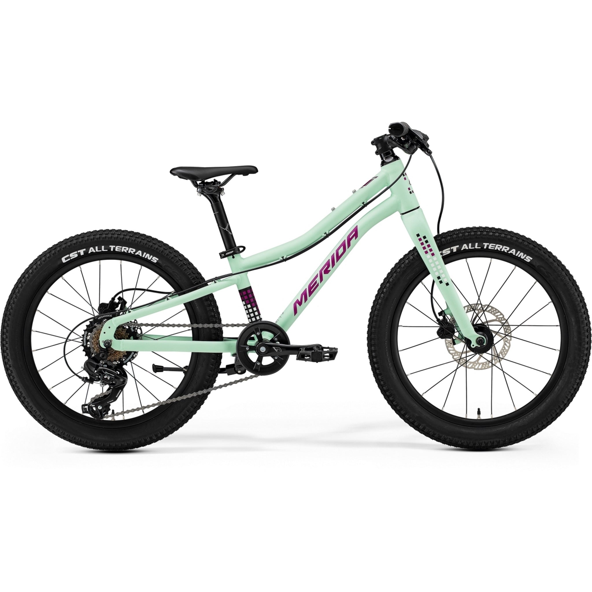 Merida Matts J20+ 20-Inch Kids' Bicycle in Matte Mint and Purple Color Scheme