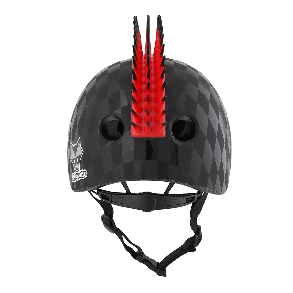 Raskullz Skull Hawk Children's Helmet in Matte and Gloss Black/Red Design with Bendable Rubber Red Mohawk