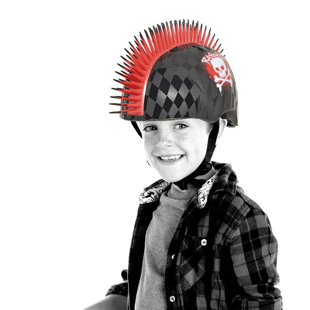 Raskullz Skull Hawk Children's Helmet in Matte and Gloss Black/Red Design with Bendable Rubber Red Mohawk