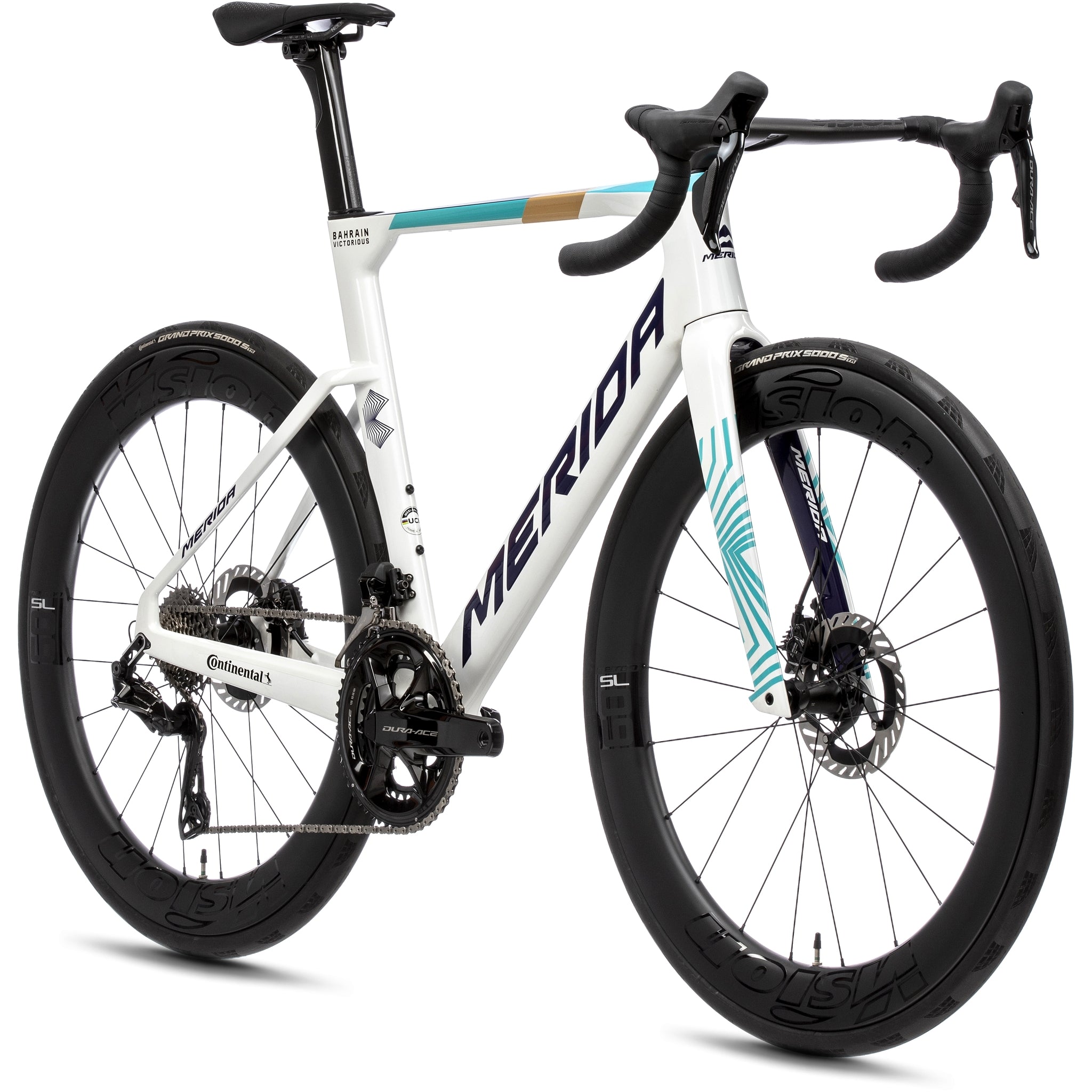 Merida Reacto Team High - Performance Road Bicycle in White, Teal and Pearl Colors